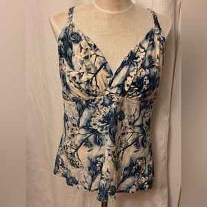 Tankini swim top size 20 attached lined bra adjustable, thin straps blue floral